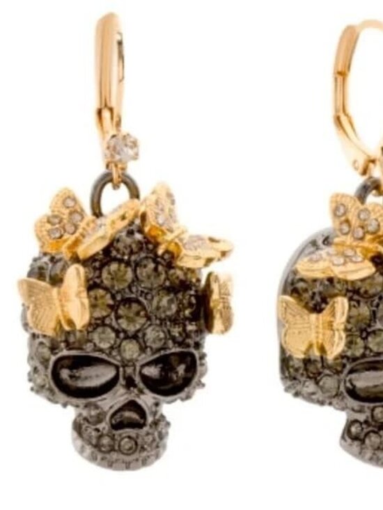 Betsey Johnson Skull Dangle Earrings, Gold Tone and Gunmetal with Crystal - Picture 3 of 3